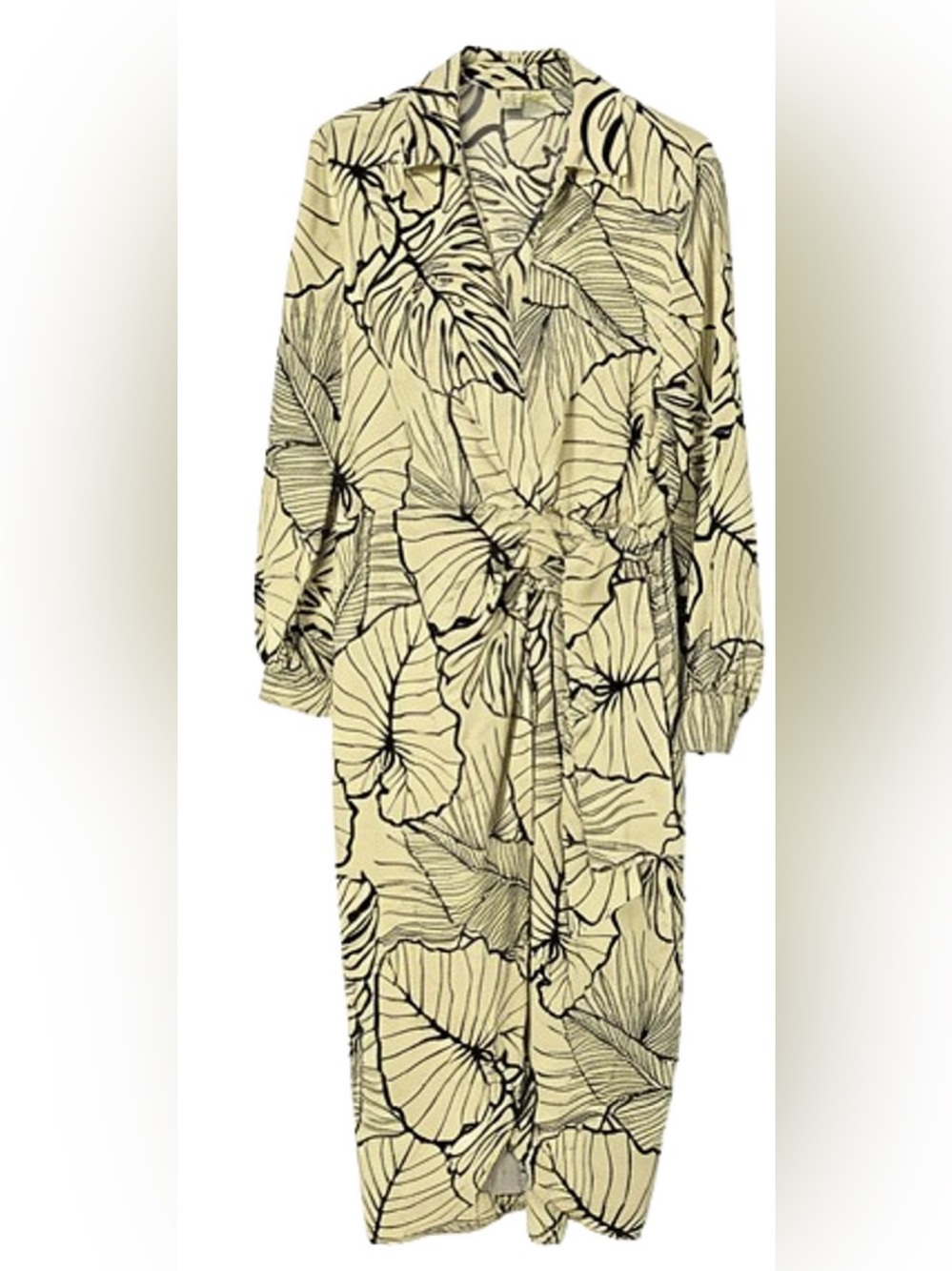 Magaschoni Women’s Size 10 100% Linen Black Ivory Floral Wrap Midi Dress